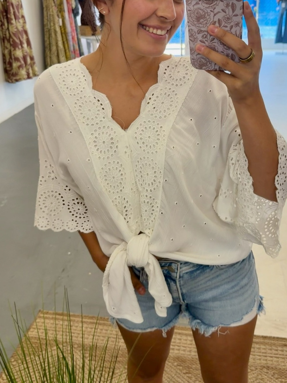 Women's White Eyelet Tie-Front Top